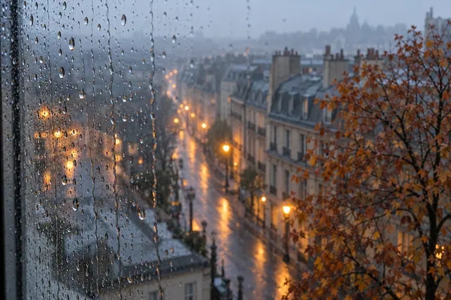 Gotas na janela diante de uma rua com luzes douradas, prédios e uma árvore de folhas acobreadas no outono.