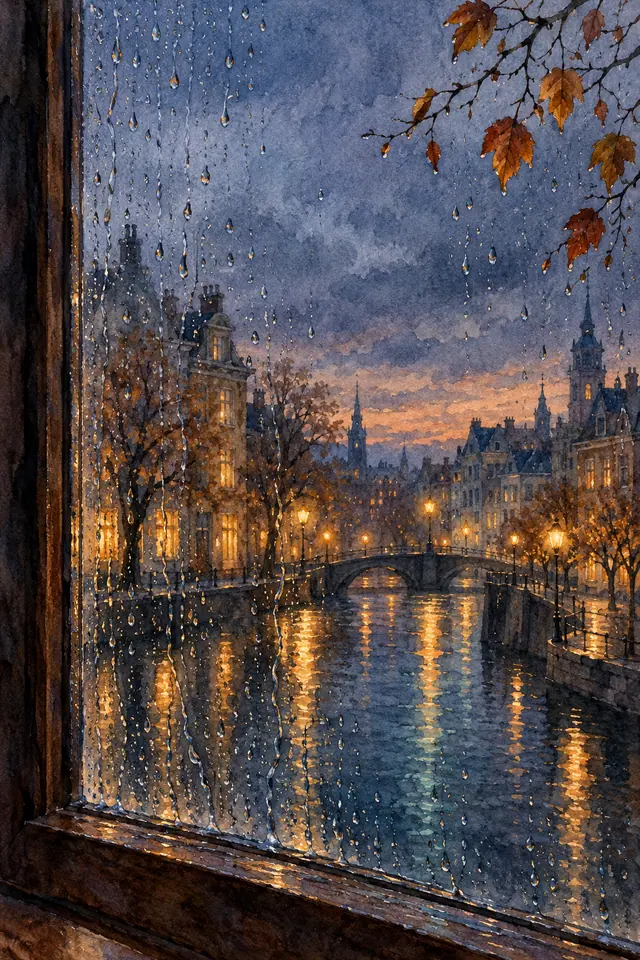 Aquarela de janela com gotas de chuva, folhas de outono e luzes douradas refletidas em um canal com ponte.