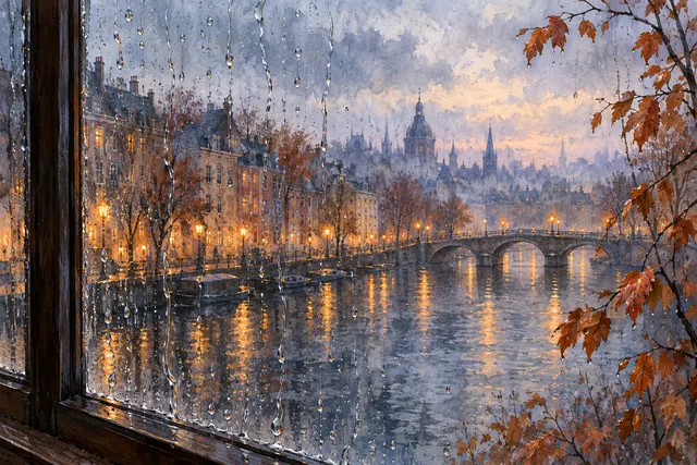 Aquarela de janela com gotas de chuva, canal com ponte e luzes douradas entre folhas de outono ao entardecer.