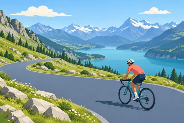 Ciclista em estrada curva entre encostas floridas, com lago azul e montanhas nevadas ao fundo.