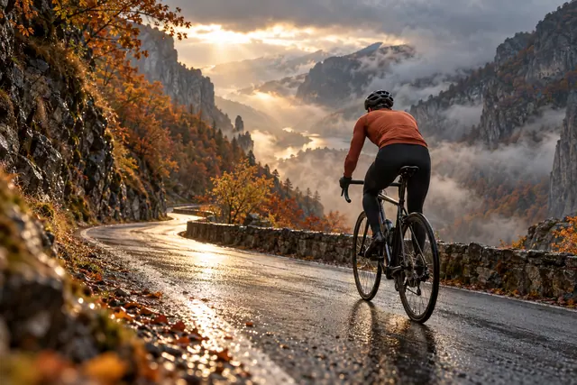 Ciclista de costas em estrada molhada de montanha, com árvores de outono, névoa e luz dourada entre as nuvens.