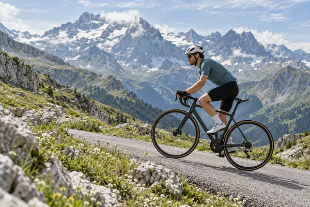 Ciclista em estrada de montanha cercada por flores brancas, com picos rochosos e neve ao fundo.