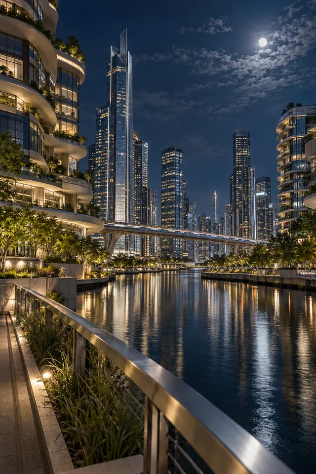 Cidade futurista à noite, com arranha-céus, varandas verdes e uma via elevada sobre um canal iluminado pela lua.