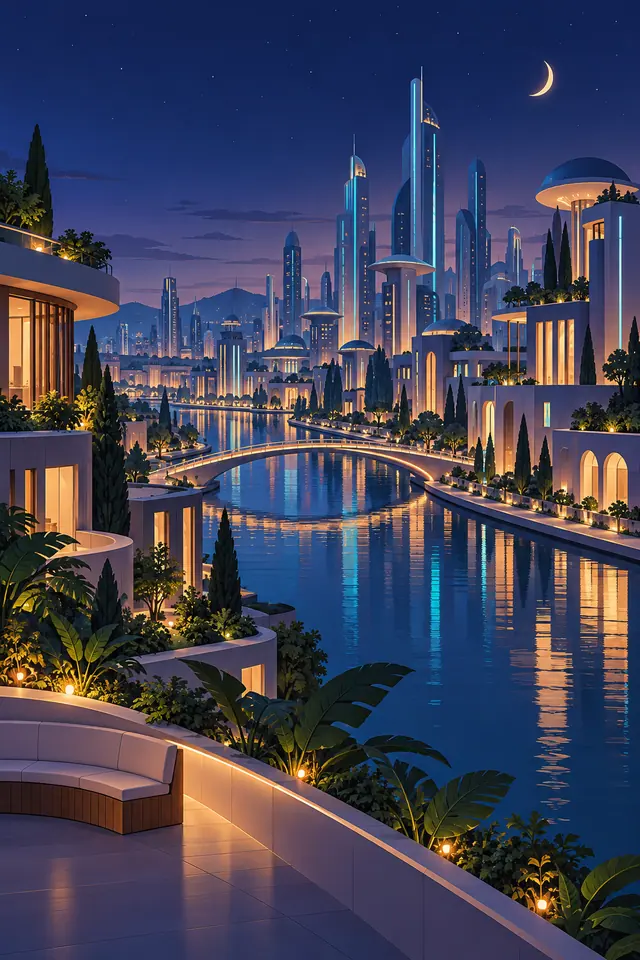 Cidade futurista à noite, com torres iluminadas, ponte sobre um canal e jardins sob a lua crescente.