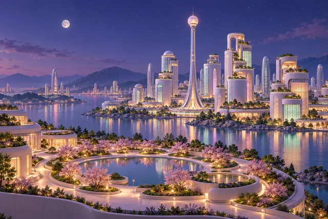 Cidade futurista à noite com torres iluminadas, jardins floridos e espelho d’água circular sob um céu com lua.