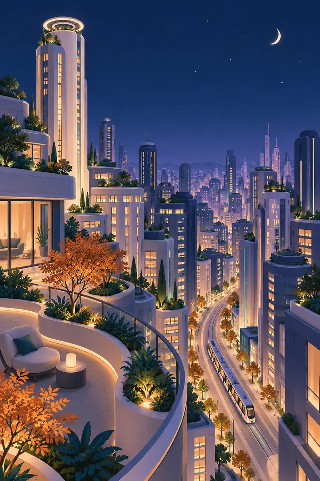 Cidade futurista à noite com torres iluminadas, jardins em terraços, árvores alaranjadas e bonde em avenida curva.