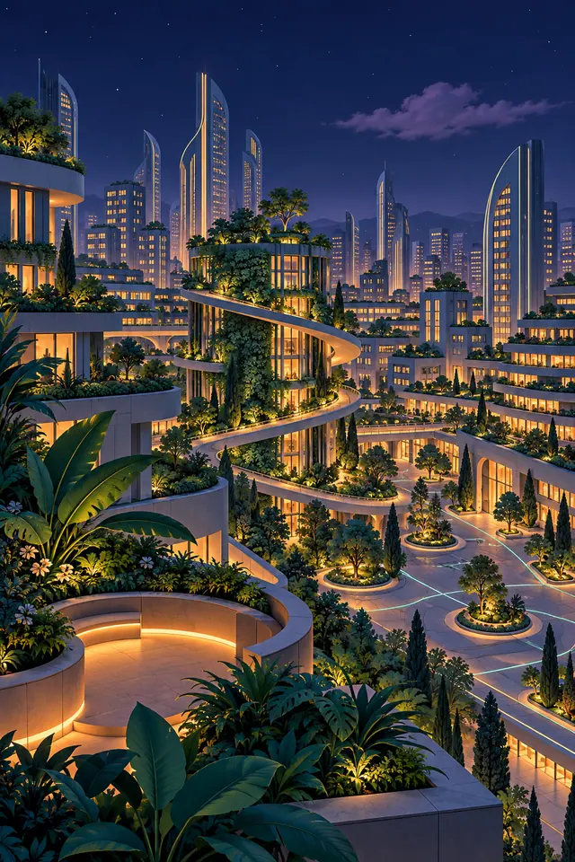 Cidade futurista à noite com jardins verticais, rampas em espiral, prédios iluminados e linhas turquesa na praça.