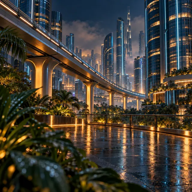 Cidade futurista à noite com via elevada, torres iluminadas e vegetação tropical junto a um terraço molhado.