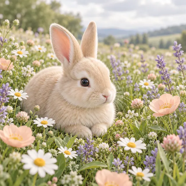 Coelho de pelagem creme entre margaridas e flores rosas e lilases em um campo, em renderização 3D suave.