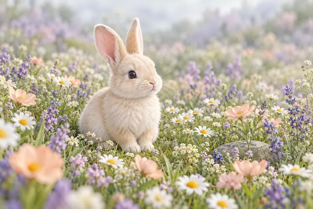 Coelho de pelagem clara sentado entre margaridas e flores em tons pastel, em um prado com luz suave.
