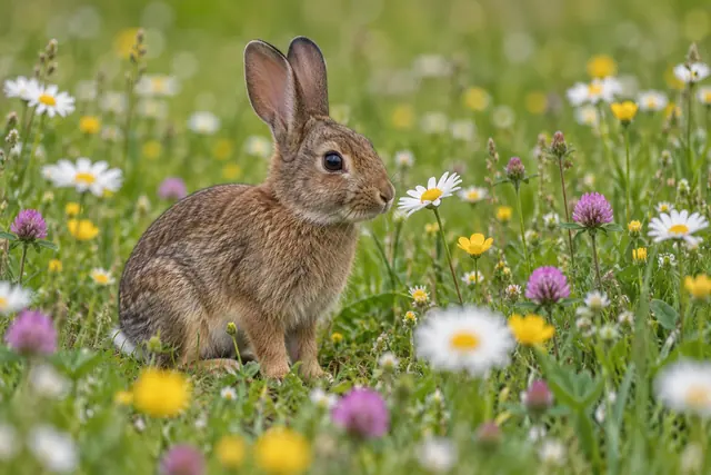 Coelho marrom com orelhas erguidas entre margaridas brancas, flores amarelas e trevos roxos em um prado verde.