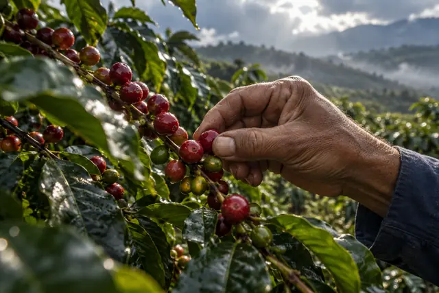 Mão colhe café maduro em ramo com folhas molhadas, sob luz entre nuvens e com serras desfocadas ao fundo.