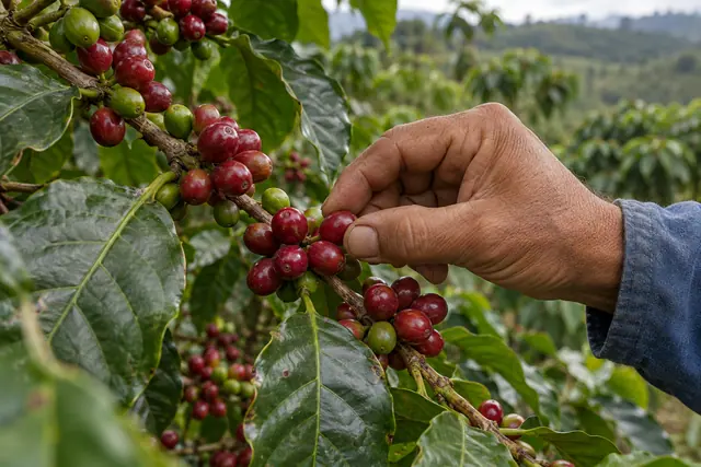Mão colhe uma cereja vermelha de café em galho com frutos maduros e verdes, entre folhas do cafezal.