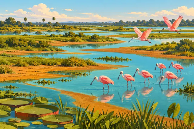 Colhereiros rosados caminham e voam sobre canais do Pantanal, entre bancos de areia, plantas aquáticas e palmeiras.