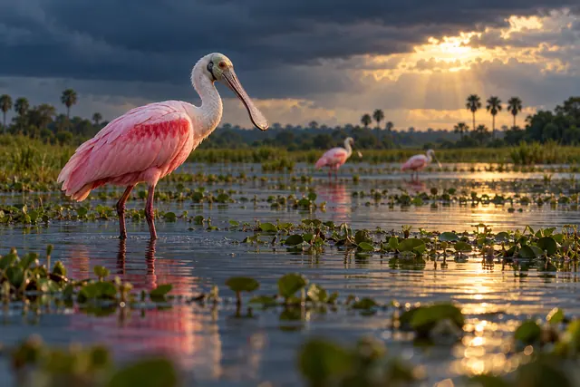 Colhereiro rosa nas águas do Pantanal, com outras aves ao fundo e raios de sol entre nuvens escuras.