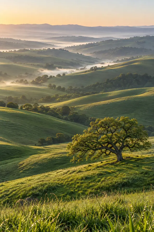 Árvore na encosta verde sob luz dourada do amanhecer, com colinas e faixas de névoa ao fundo.