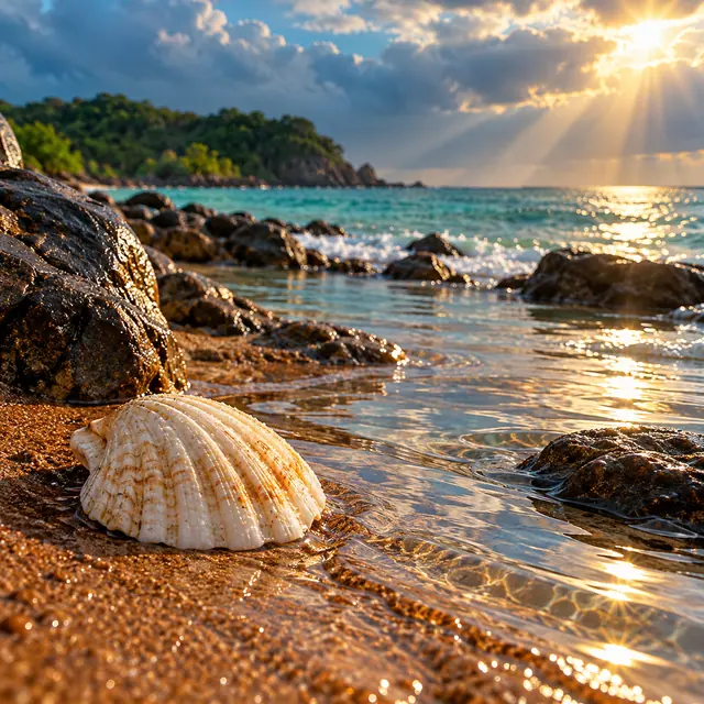 Concha na areia molhada entre rochas, com mar turquesa e raios de sol entre nuvens ao fundo.