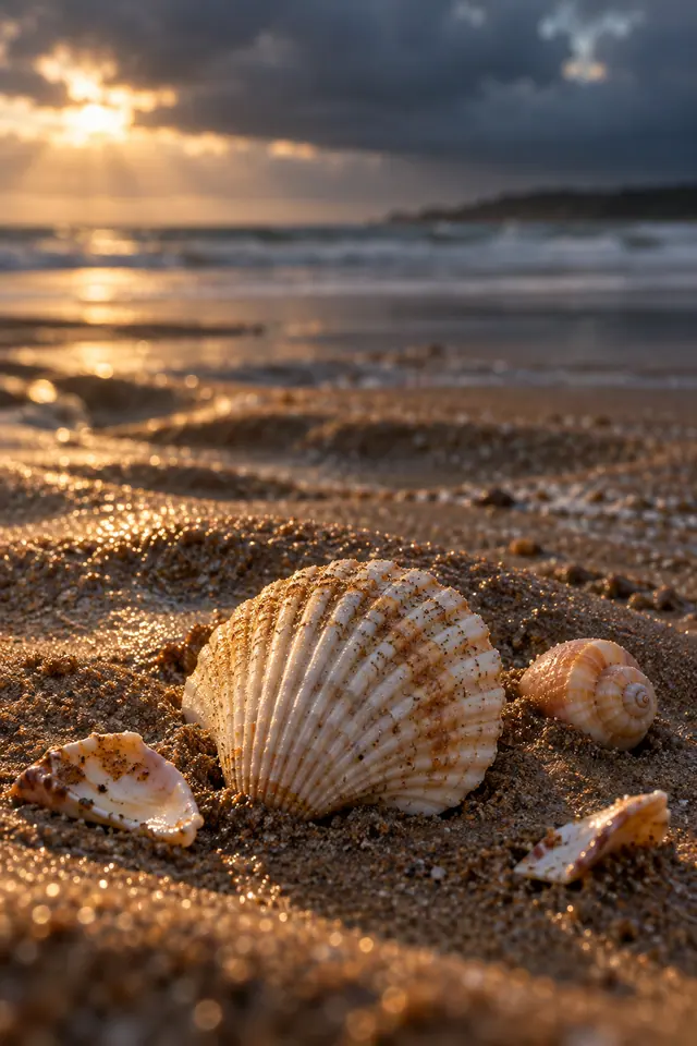 Conchas sobre areia úmida iluminadas pelo sol, com mar desfocado e nuvens escuras ao fundo.