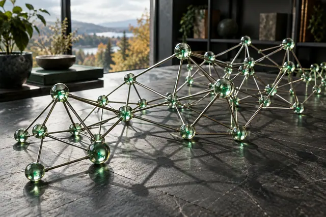 Rede de esferas de vidro com luzes verdes e hastes metálicas sobre mesa escura iluminada por uma janela.
