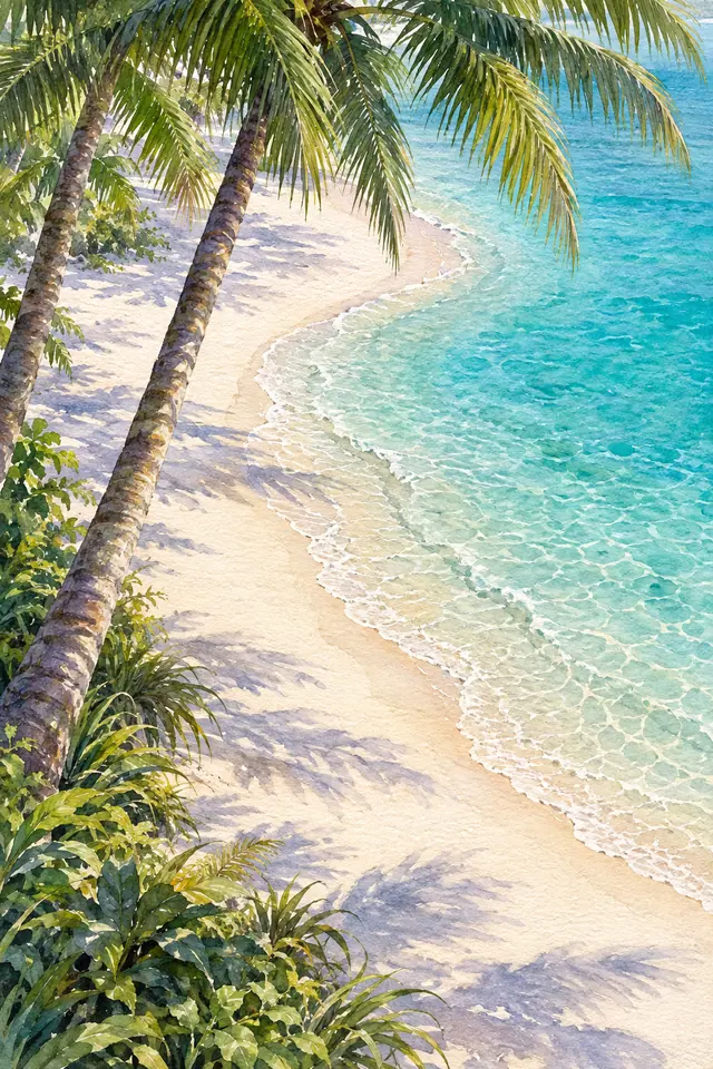 Aquarela de coqueiros inclinados sobre areia clara, com sombras das folhas e mar turquesa de águas transparentes.