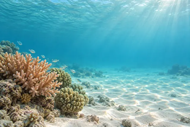 Corais em tons suaves e pequenos peixes em água turquesa, com raios de sol sobre o fundo de areia clara.