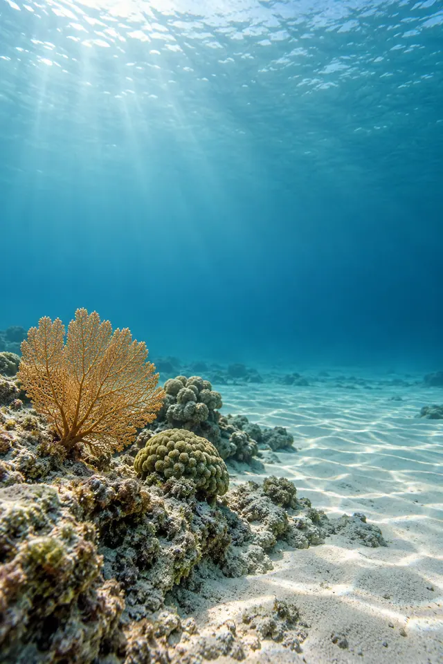 Coral em leque ocre e corais arredondados no fundo arenoso, sob raios de luz em águas azuis.
