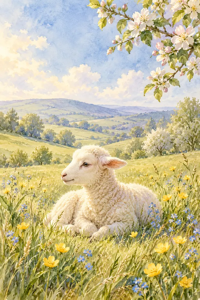 Cordeiro branco deitado entre flores amarelas e azuis, sob um ramo florido, em aquarela de um campo de primavera.