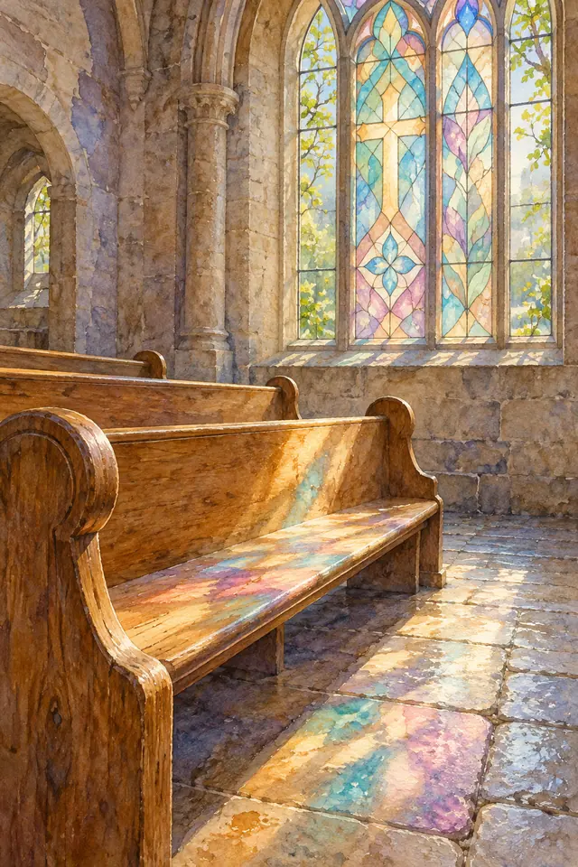 Aquarela de vitral com cruz e folhas verdes, projetando luz colorida sobre bancos de madeira e piso de uma igreja.