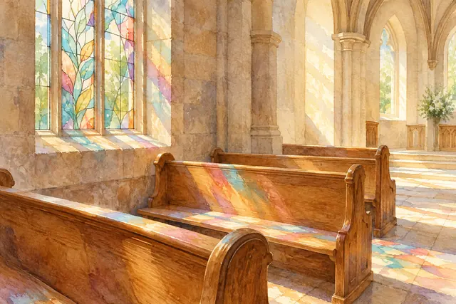Aquarela de igreja vazia com luz colorida de vitral sobre bancos de madeira, piso claro e arcos de pedra.
