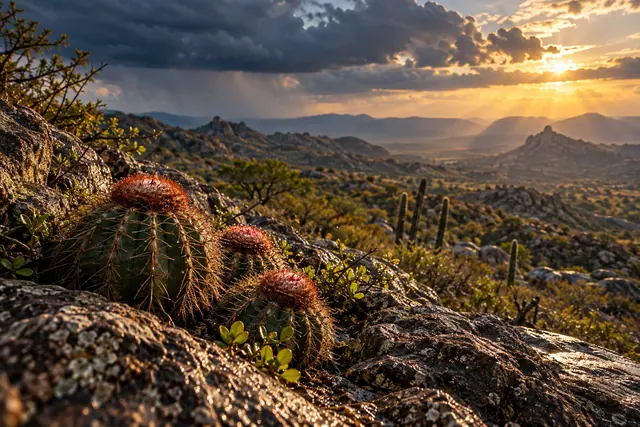Cactos coroa-de-frade entre rochas, com vale de caatinga e serras sob nuvens escuras e raios de sol.