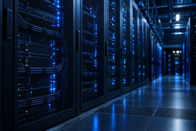Racks de servidores com luzes azuis e cabos atrás de portas perfuradas em corredor escuro com fundo desfocado.