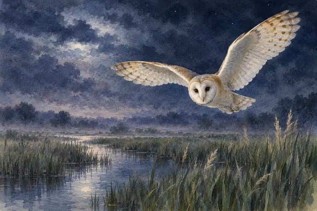 Aquarela de coruja clara em voo sobre um brejo com juncos e água refletindo o céu azul da noite.