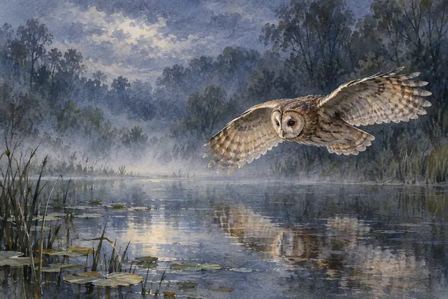 Aquarela de coruja em voo sobre lago à noite, com reflexo na água, plantas aquáticas e floresta enevoada.