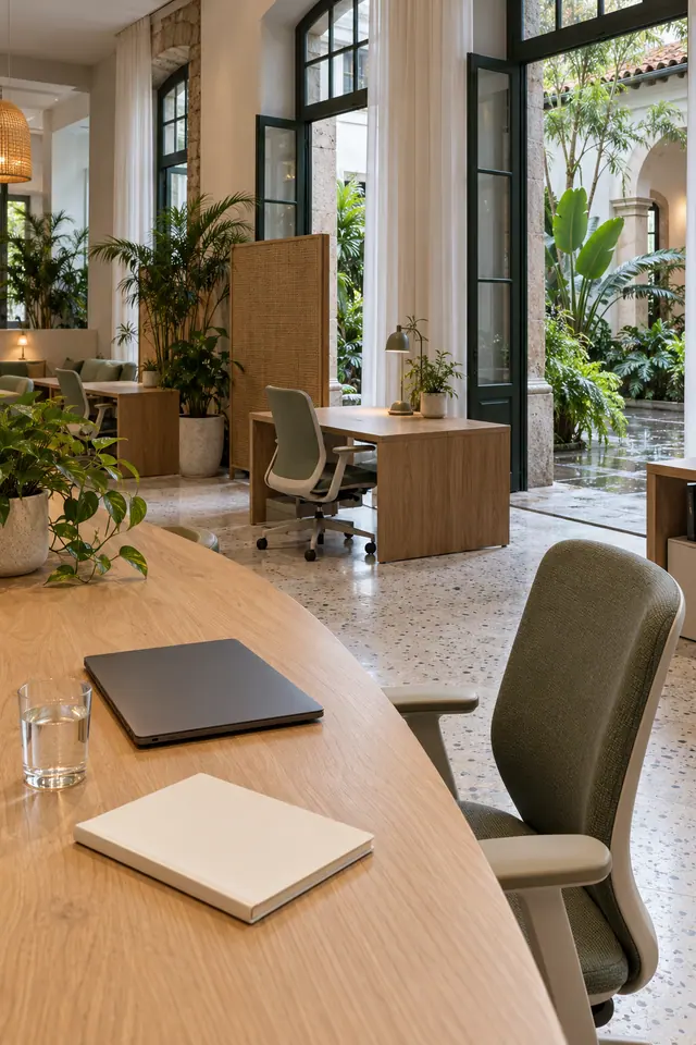 Coworking com mesas de madeira, cadeiras verdes e grandes janelas abertas para um pátio arborizado após a chuva.