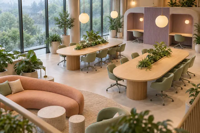 Coworking em 3D com mesas ovais, cadeiras verdes, sofá pêssego, plantas e grandes janelas em uma tarde chuvosa.