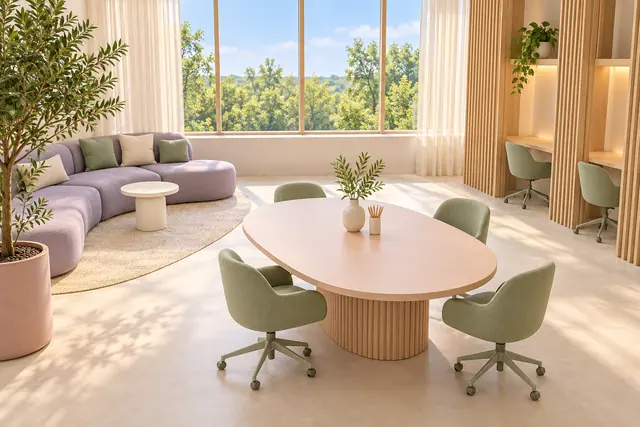 Coworking em 3D com mesa oval pêssego, cadeiras verdes, sofá lilás e janelas iluminadas com vista para árvores.