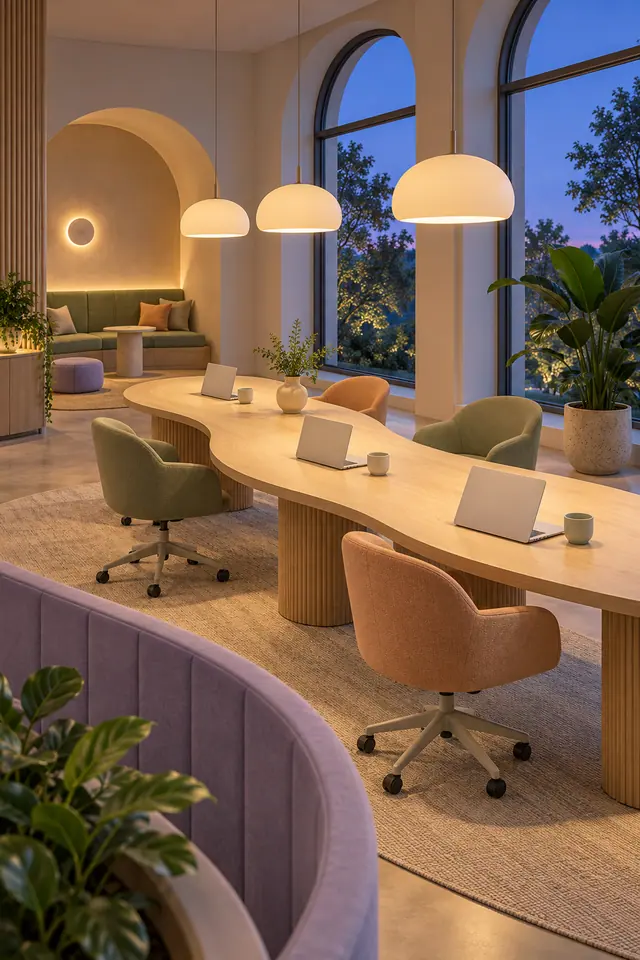 Coworking em 3D com mesa curva, notebooks, cadeiras pastel e janelas em arco sob a luz azul do anoitecer.