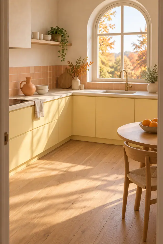 Cozinha amarela com janela em arco, cerâmicas e mesa com laranjas sob luz natural de outono.