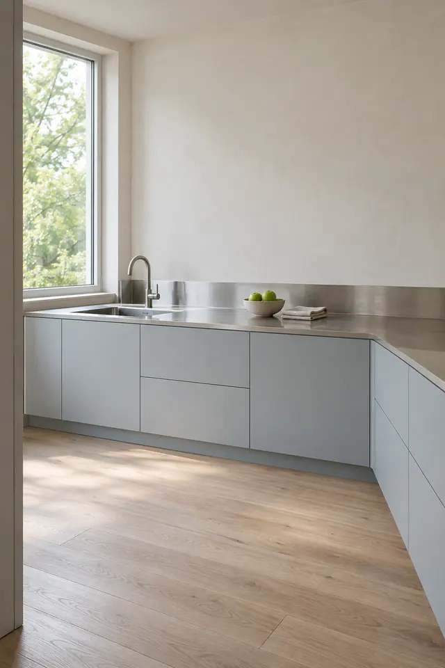 Cozinha com armários azul-acinzentados, bancada de inox, maçãs verdes e janela com vista para árvores.