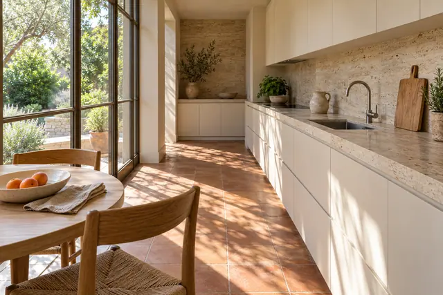 Cozinha com armários claros, bancada de travertino e mesa de madeira, iluminada pelo sol junto ao jardim.