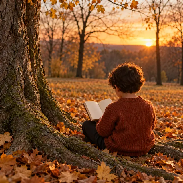 Criança de costas com livro aberto entre raízes de uma árvore, cercada por folhas de outono ao pôr do sol.