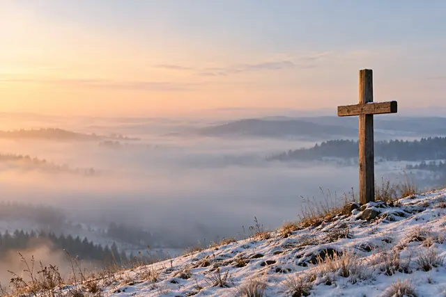 Cruz de madeira em uma colina nevada, com vale de névoa e céu em tons suaves ao amanhecer.