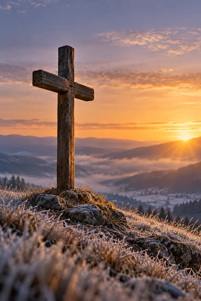 Cruz de madeira em colina com geada, diante de um vale com névoa e montanhas ao nascer do sol.
