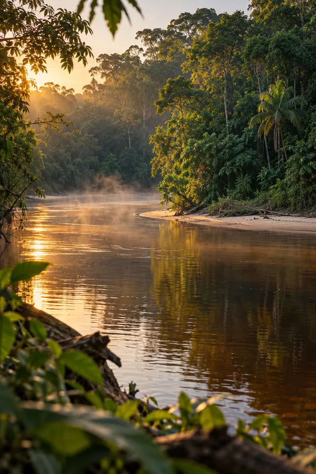 Rio amazônico ao amanhecer, com reflexos dourados, névoa sobre a água e floresta densa junto a uma margem de areia.