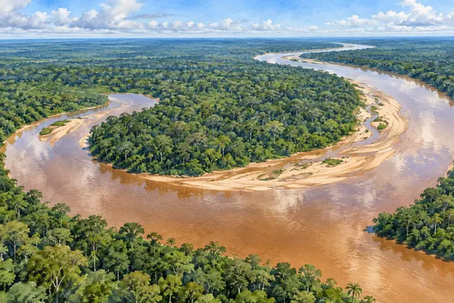 Aquarela de um rio amazônico sinuoso com águas castanhas, bancos de areia e floresta verde vista do alto.