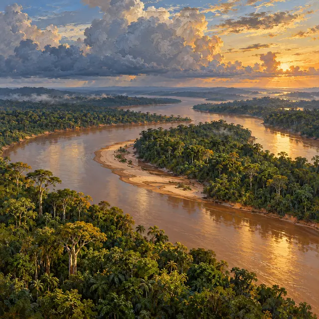 Pintura de rio sinuoso na Amazônia, com bancos de areia, floresta densa e nuvens douradas ao entardecer.