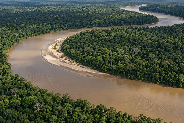 Vista aérea de um rio sinuoso de águas barrentas, com banco de areia e floresta amazônica densa ao redor.