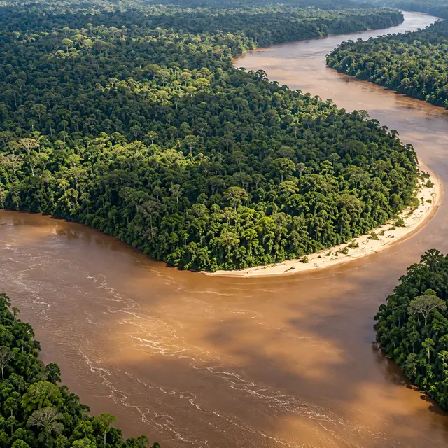 Vista aérea de um rio sinuoso de águas barrentas com bancos de areia entre a densa floresta amazônica.