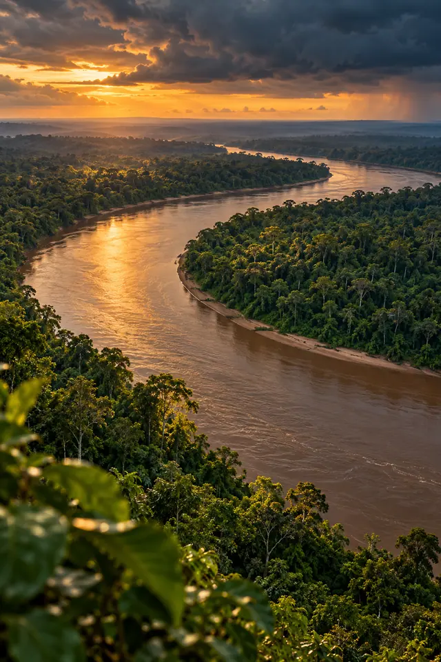 Rio sinuoso entre árvores da Amazônia, com reflexos dourados do pôr do sol e nuvens escuras no céu.