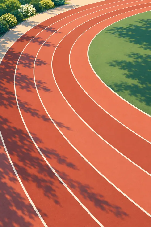 Pista de atletismo terracota em curva, com linhas claras, sombras de árvores, gramado e arbustos floridos.